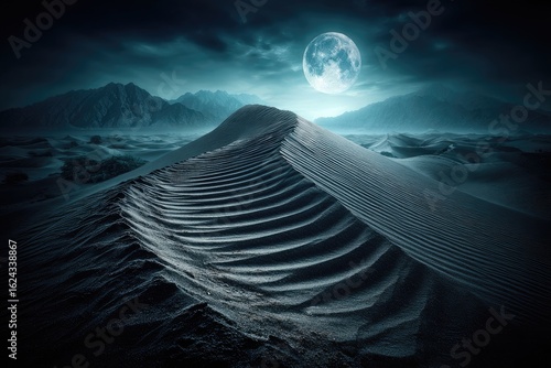 Moonlit desert dune landscape under a full moon