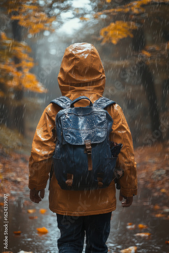 Child walking through rain with backpack.
