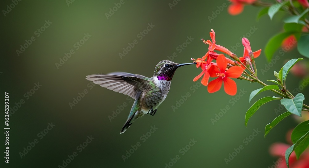 Fototapeta premium Hummingbird hovering and sipping nectar from a bright red flower