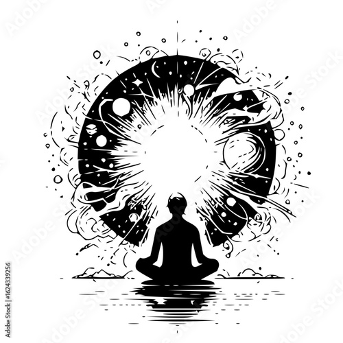 Silhouette of a person meditating before a cosmic portal with stars and planets in black and white art