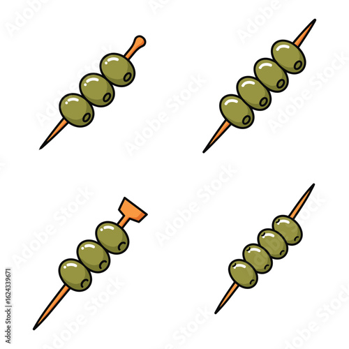 Cartoon olives on skewers with various toppers on a white background