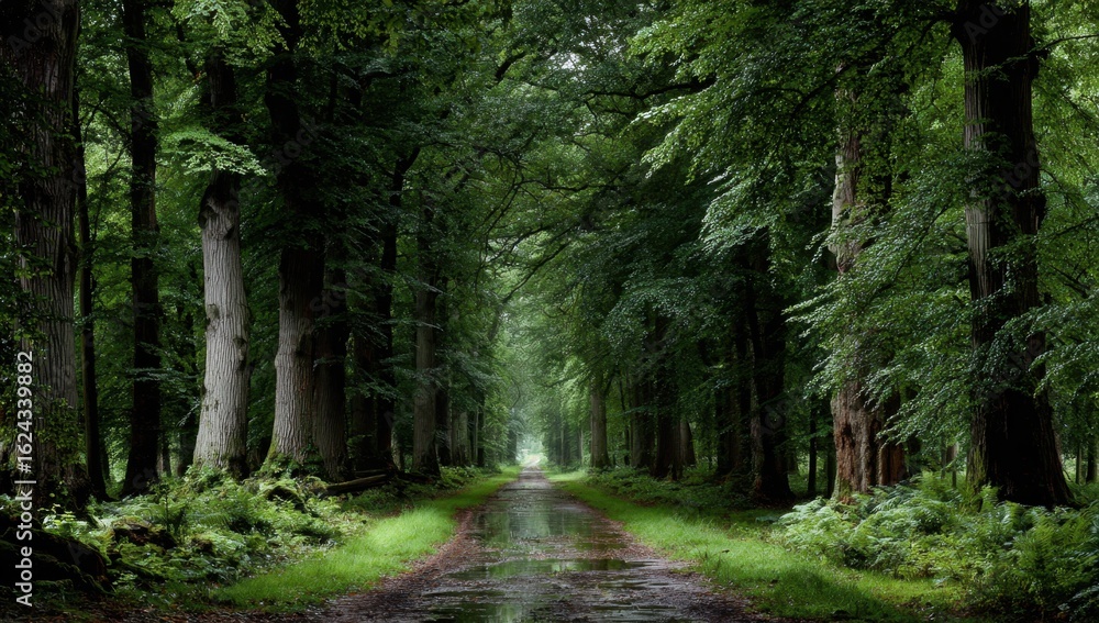 Obraz premium A tranquil path winds through a lush forest, where towering trees create a serene canopy of green foliage and dappled sunlight.