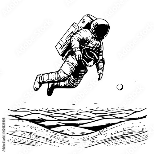An astronaut in space floats above a desolate landscape with a small planet in the distance depicted in black