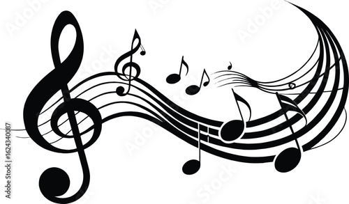 Abstract musical notes and treble clef flowing on a swirling staff creating a dynamic visual representation of music