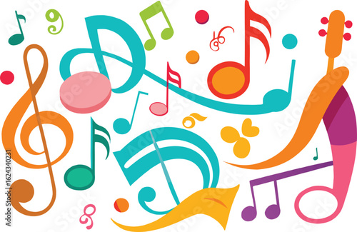 Vibrant abstract musical notes and symbols in a playful composition with a guitar silhouette