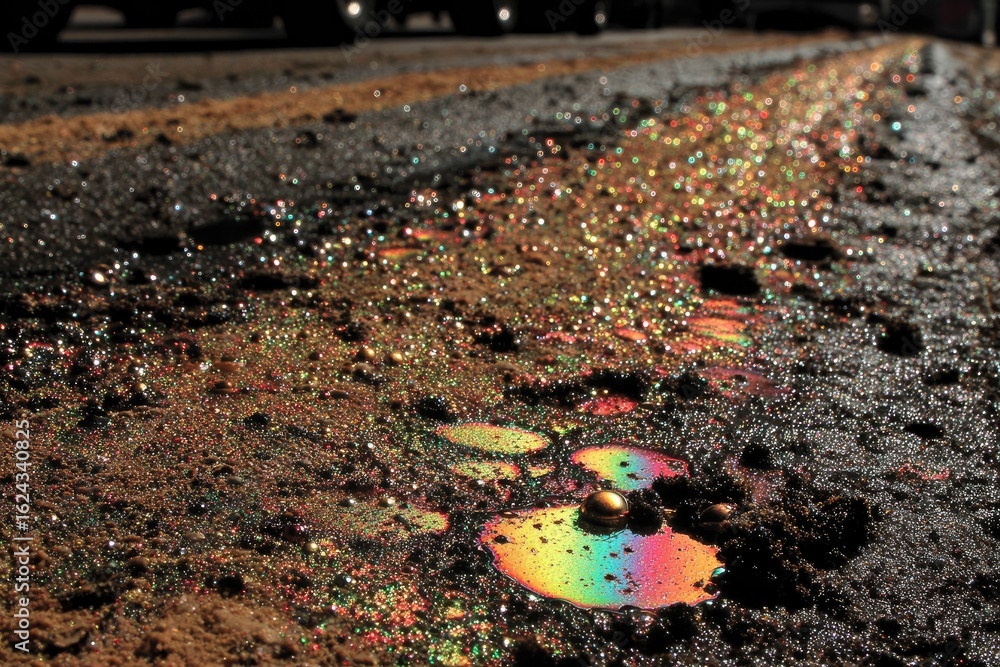Obraz premium Close-up of oily road surface with iridescent sheen
