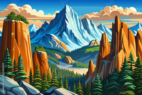 Sunny day in Sequoia National Park, Sierra Nevada mountains. Giant sequoia trees dominate the landscape with distant wildfire smoke over Fresno creating a hazy backdrop.