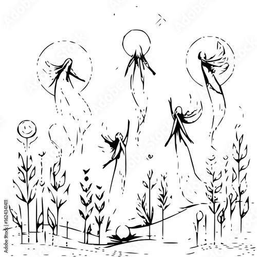 Stylized monochrome illustration of ethereal figures floating above a field of stylized plants