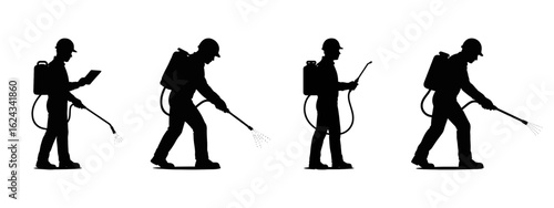 Pest Control Technician Silhouette Sequence: The dynamic silhouette of a pest control technician in action. The illustration focuses on various stages of spraying.