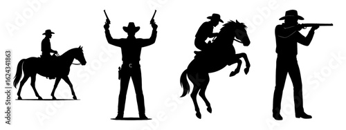 Silhouette Western Moments: This captivating image captures the essence of the wild west with silhouette cowboys and horses in various action poses, depicting a dramatic scene of the frontier