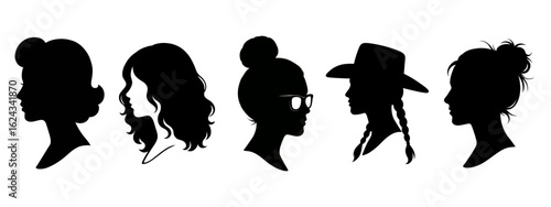 Female Silhouette Collection: Capturing the timeless elegance of femininity, a set of striking silhouettes of diverse women, each with a unique hairstyle, invites contemplation.