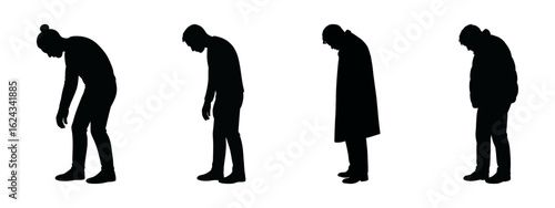 Silhouette of Isolation: A poignant series of silhouettes portraying individuals in various stages of downward posture, each figure enveloped in a profound sense of solitude and contemplation.