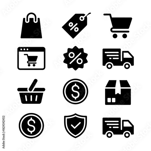 Ecommerce shopping icons showcasing online retail purchase and delivery symbols for digital commerce and secure transactions representing sales and deals