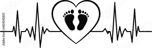 Heartbeat with baby footprints, symbol of life, love, healthcare, maternity, family care, newborn wellness, parenthood, infant care, cardiology concept
