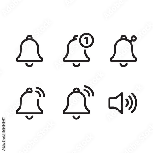 Alert and Reminder Icon Pack – Vector Bell Icons with Status Indicators, Counters, and Sound Off Options