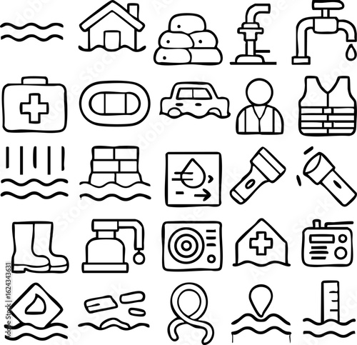 Essential Flood and Disaster Emergency Preparedness Icons.