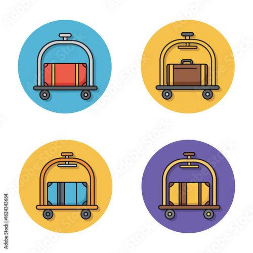 Colorful Hotel Luggage Cart Icons Set on Circular Backgrounds