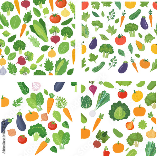 Colorful Vegetable Pattern Collage on White.
