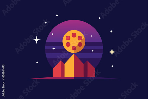 Stylized night sky with geometric mountains and celestial body