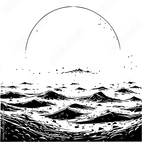 Monochromatic landscape with a large celestial body above a series of jagged mountain peaks and craters