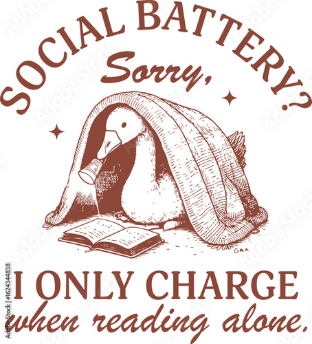 Goose reading book under blanket with flashlight – “Social Battery? Sorry, I Only Charge When Reading Alone” introvert autumn design with cozy mood