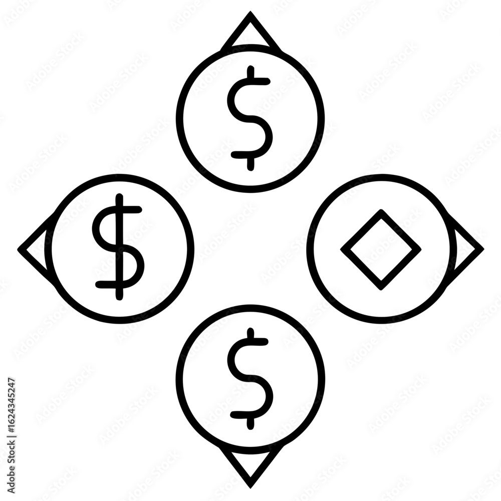 Obraz premium Four circular icons with dollar signs and a diamond shape