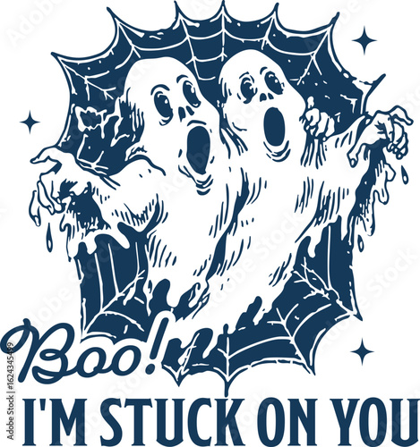 Boo! I’m Stuck on You – Cute Halloween couple ghosts tangled in spider web, romantic spooky pun design perfect for couples and Halloween fans