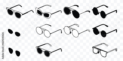 Collection of Stylish Sunglasses Icons in Black and White Vector Design Perfect for Fashion Accessories and Summer Theme Graphics
