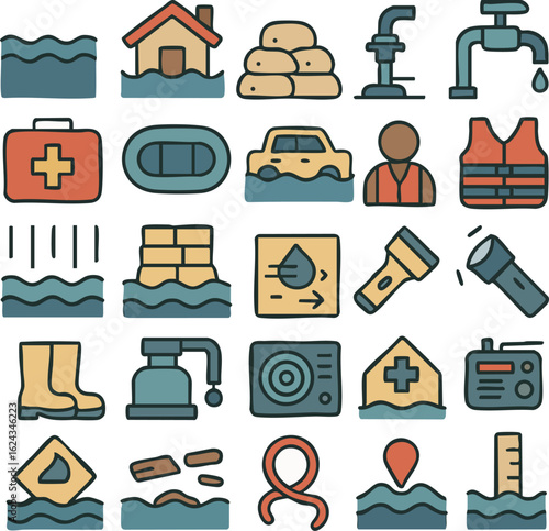 Flood and Disaster Preparedness Icons Set.