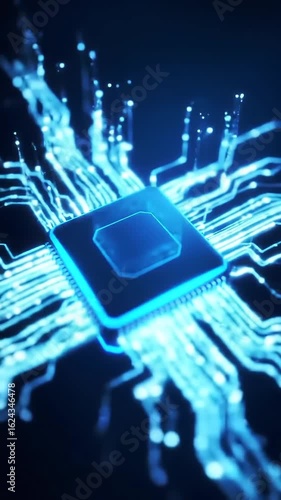 A vertical, blue, animated abstract background. It shows a glowing hexagonal shape in the center, with lines of light and particles flowing in and out, creating a futuristic, technological.
