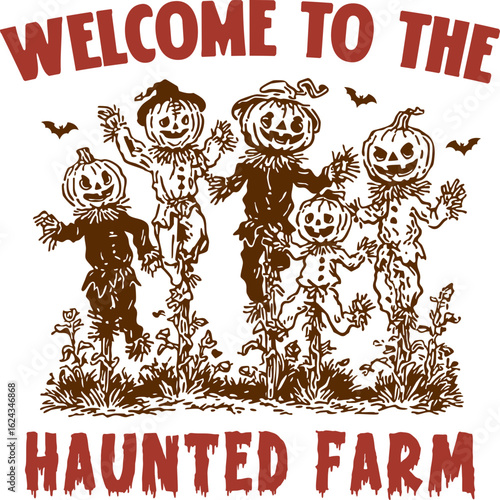 Welcome to the Haunted Farm – Spooky pumpkin-head scarecrows on a creepy field with bats, perfect rustic Halloween design for fall lovers