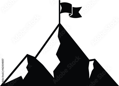 Illustration of a mountain peak with a flag, symbolizing achievement, success, and the pursuit of challenging goals
