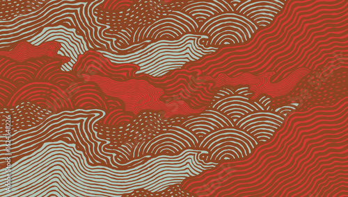 Hand drawn brush lines stylized Japanese waves and ripples abstract pattern in warm terracotta, soft red, and muted blue tones. Wood carving, block print texture background. 