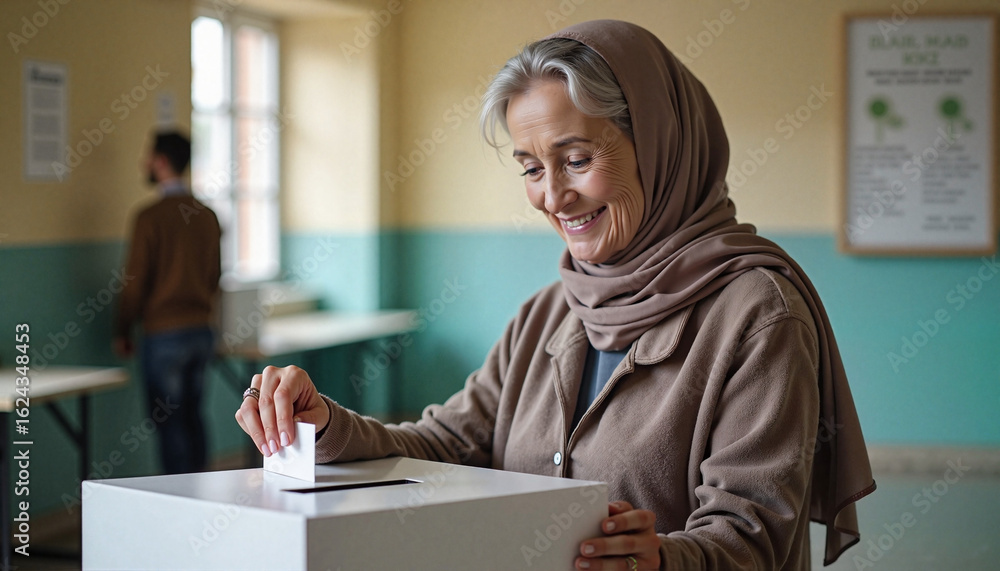 Fototapeta premium Middle-aged woman in headscarf voting at polling station