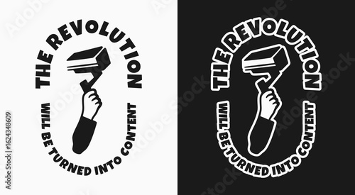 Bold protest illustration featuring a raised hand holding a CCTV camera.