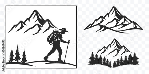 Mountain Hiking Adventure Silhouette Vector Graphics for Outdoor Enthusiasts and Nature Lovers Exploring the Wilderness Trail