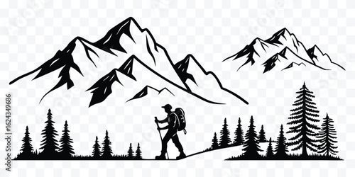 Silhouette of a Hiker in the Mountains with Pine Trees Offering a Serene and Peaceful Adventure Experience in Nature