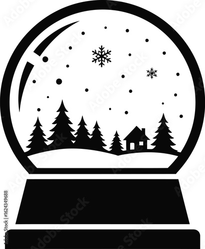 Vector art of snow globe vector illustration, a festive winter scene with falling snow, trees, and a cozy house
