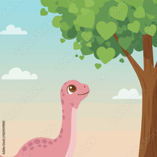 Cute pink dinosaur gazing at a tree with heart-shaped leaves in a peaceful landscape.