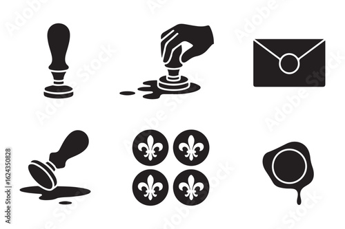 Collection of Black and White Stamp Illustrations with Fleur de Lis Motif and Sealed Envelope Design Elements