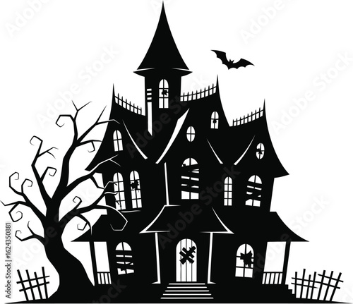 Illustration of a spooky haunted house halloween night, with bats flying and eerie shadows, representing horror and mystery