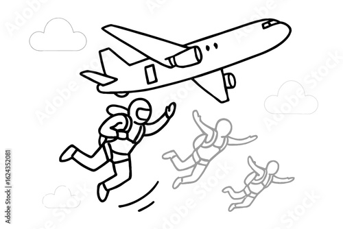 Engaging line art illustrates skydivers bravely leaping from an airplane, capturing the thrilling essence of extreme sports, adventure, and airborne freedom.