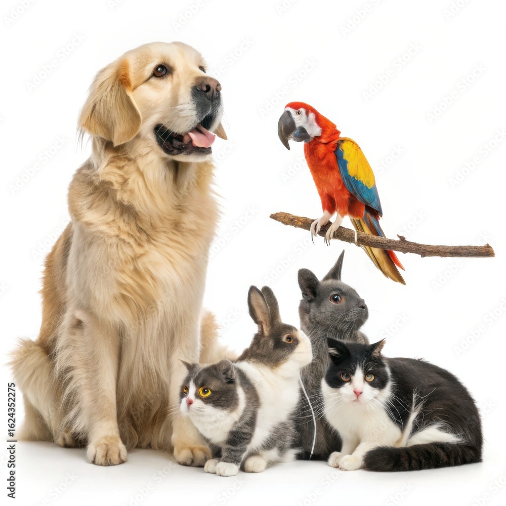 Fototapeta premium A Diverse Group of Adorable Pets Posing Together in a Studio