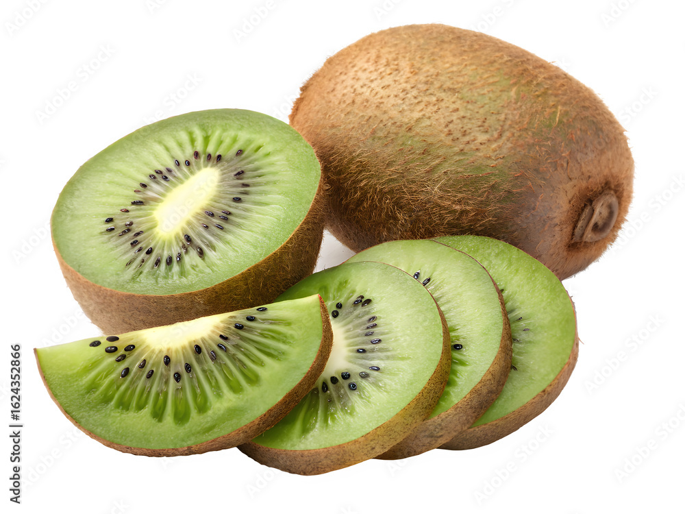 Fototapeta premium Fresh ripe kiwi fruit sliced and whole on black background