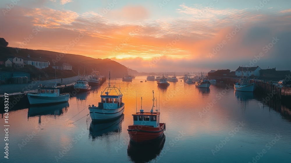 Fototapeta premium Serene sunset over a harbor with fishing boats docked