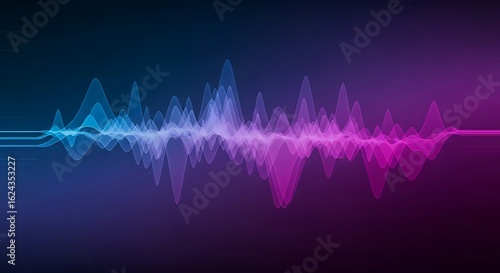 Abstract sound wave visualization in blue and purple gradient background with dynamic waveforms,