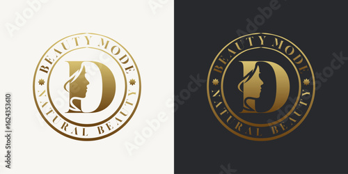 Elegant letter D logo featuring a woman's face silhouette in a gold gradient circular badge design. Ideal for beauty, fashion, skincare, and luxury branding.
