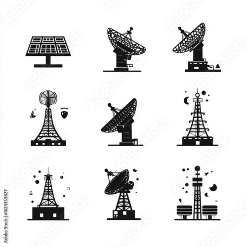 Black and White Grid of Various Technology Icons including Satellite Dishes Towers and Solar Panel showcasing Innovation and Communication