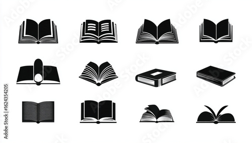 Collection of Black and White Book Icons Representing Knowledge Learning and Reading for Education and Literature