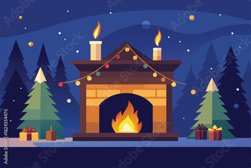festive fireplace scene featuring a roaring fire .eps